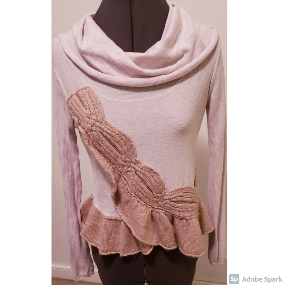 Anthropologie pinky Beige & Khaki Cowl Neck Sweater with Ruffle Detail